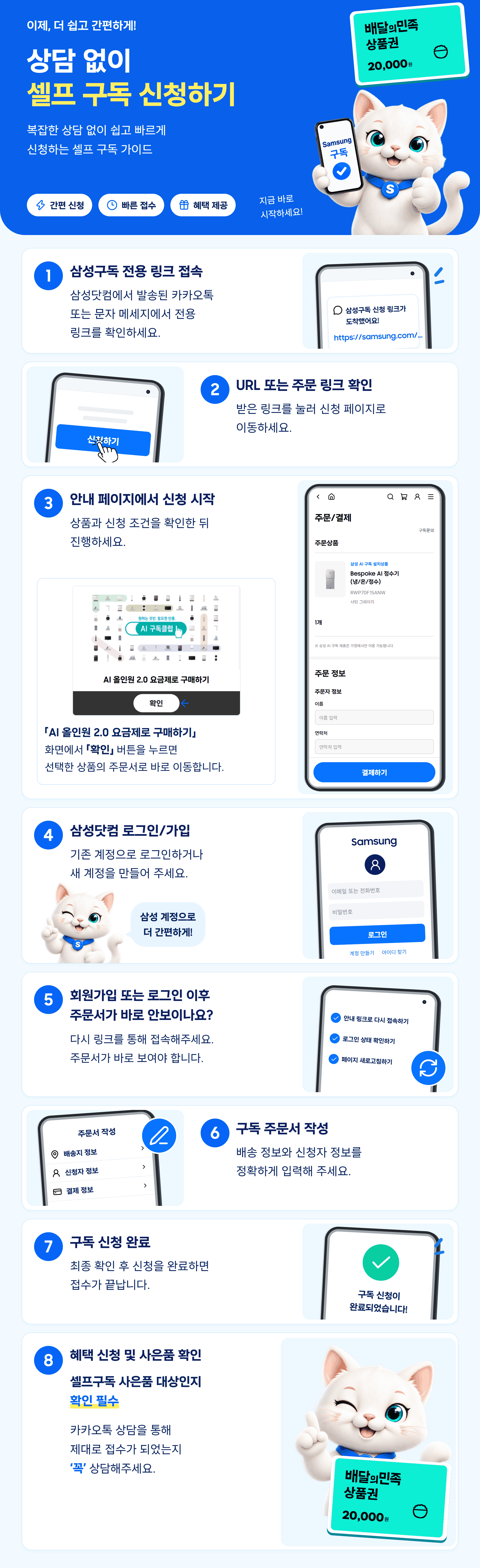 셀프 구독 신청하기, 상담 없이 진행하는 8단계 안내. 전용 링크 접속, 주문 링크 확인, RWP70F15ANW 모바일 주문 화면과 삼성닷컴 로그인·가입, 주문서 재접속, 주문서 작성, 신청 완료, 사은품 대상 및 카카오톡 접수 확인. 배달의민족 상품권 2만원권 이미지.